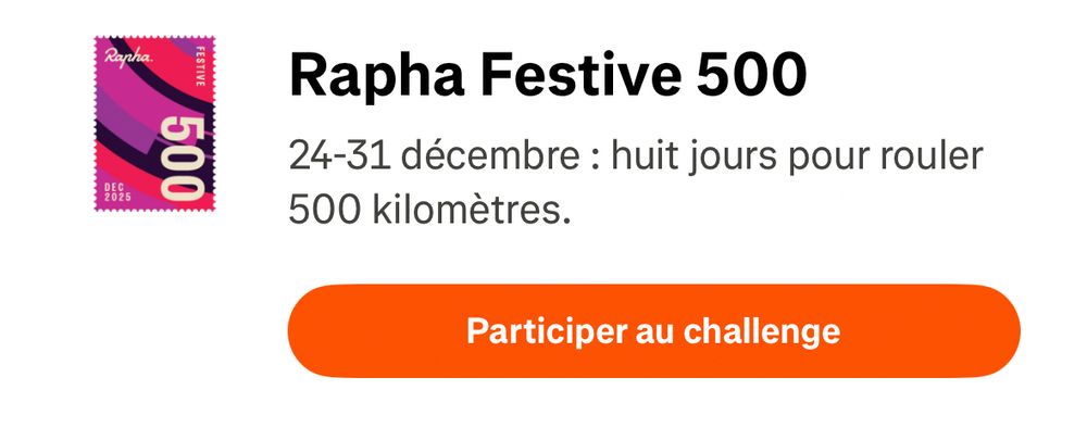500
Rapha Festive 500
24-31 décembre : huit jours pour rouler
500 kilomètres.
Participer au challenge