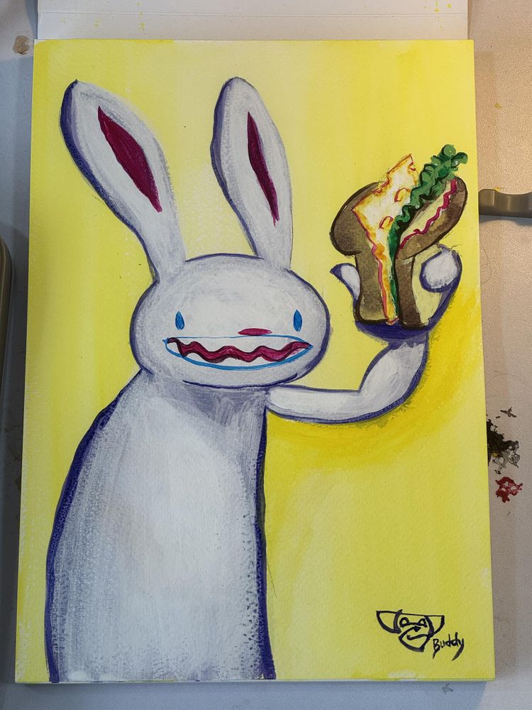 Sam from Sam and Max: Freelance Police gestures with a floppy cheese sandwich. 