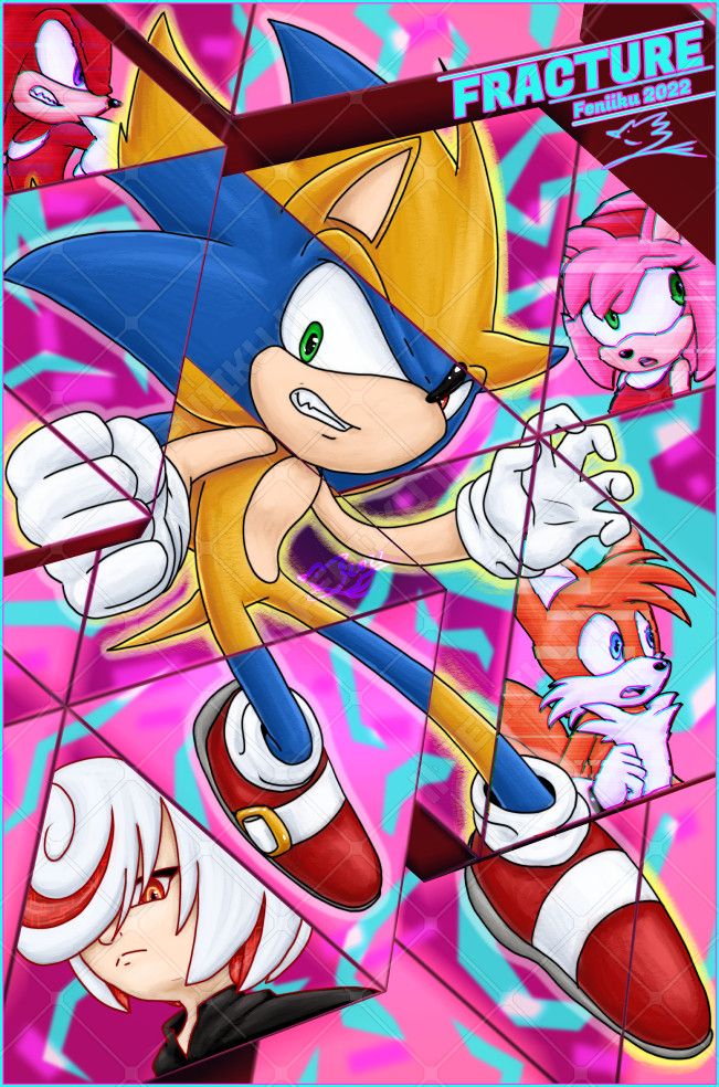 A stylised image depicting Sonic the Hedgehog and other characters from the game series of the same name. It is designed to look like a fractured mirror, with multiple segments showing different characters around the edge. Knuckles the Echidna is in the top left panel, looking angry and graphically glitched. Amy Rose the hedgehog is in the top right panel, looking worried and graphically glitched. Miles 'Tails' Prower is in the bottom right panel, looking concerned and graphically glitched. Sage the humanoid program is in the bottom left, looking at the viewer in disdain. Sonic is the main focus of the piece in the center, and is divided between his regular blue form, and his golden Super Sonic form, split across panels. He wears a determined expression.