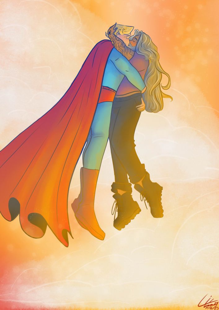 Ed and Stede kissing each other while floating in the sky, dreamy yellow light all around them, and Stede's wearing a Superman outfit