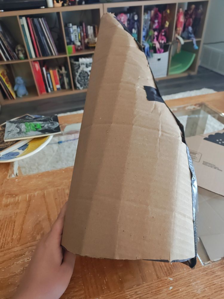 Hand holding a lumpy cardboard cone