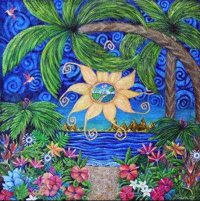 Bright multicoloured whimsical tropical landscape featuring a swirly sun in the centre with a portal in its centre, surrounded by palm trees and tropical foliage and flowers. The ocean is in the middle with a small beach area in front, mountains in the distance. The sky is vibrant blue with spirals. 