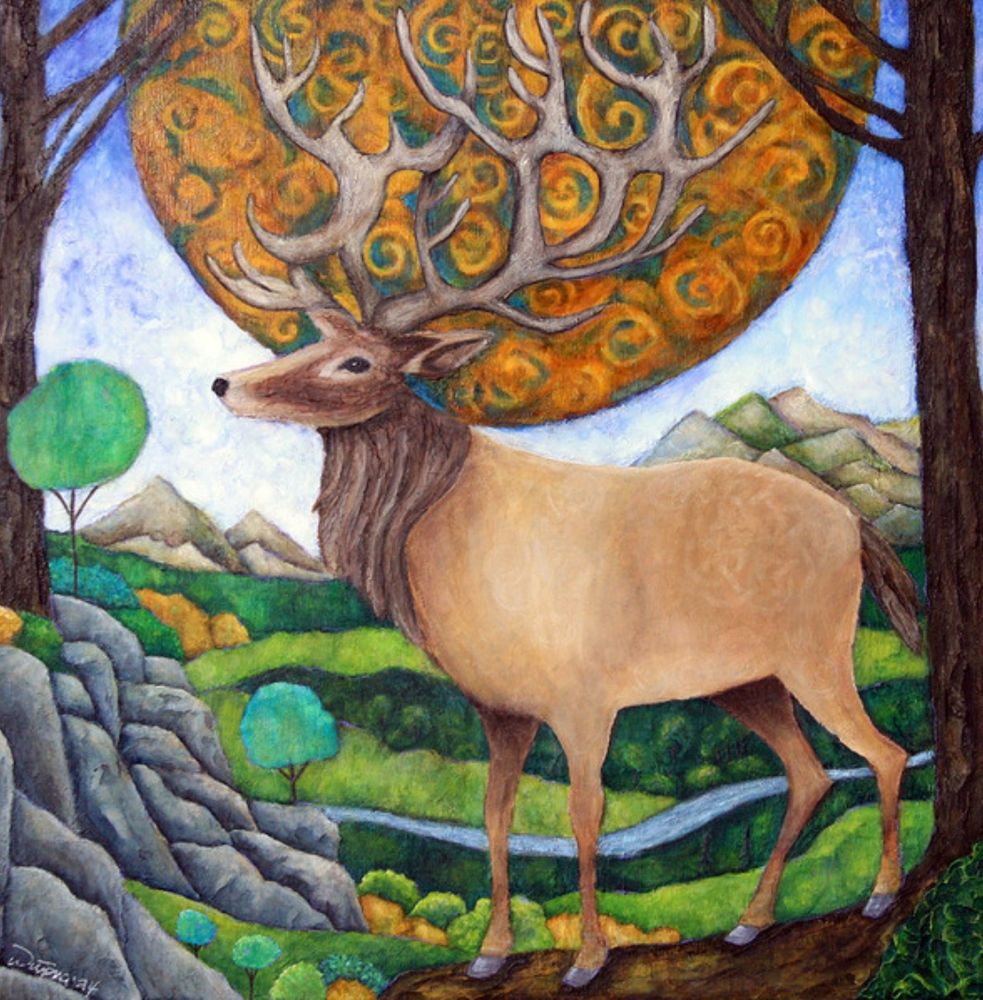 A painting of a male deer standing on a hill, a large swirly sun behind it, with mountains, boulders, and trees in the background. It is done in browns, greens, and golden colours, with a pale blue sky. 
The name of it is "Standing Between Worlds", inspired by Celtic Mythology.

Available as prints and on various products at linktr.ee/sunshyneart