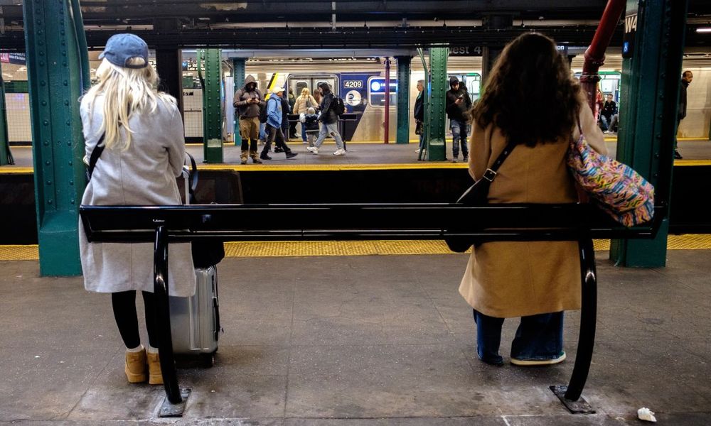 The NYC transit agency installed four new “leaning bars” at the West 4th St. station of the A, C and E trains in Greenwich Village over the weekend. The thin, slanted metal bars are mea…