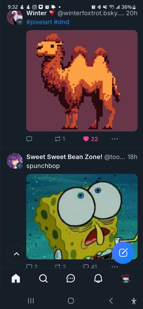 two bluesky posts stacked on top of eachother, the one on top is a picture of a pixel art camel. the other is a picture of a very surprised spongebob looking up at this camel.