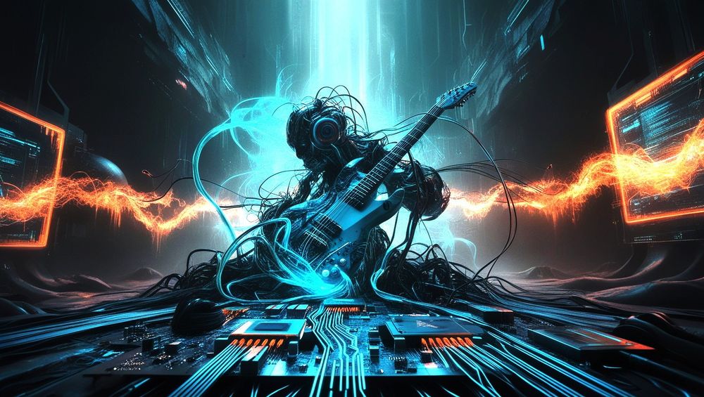 A futuristic digital artwork featuring a humanoid figure intertwined with cables, holding an electric guitar glowing with blue light. The figure is surrounded by a high-tech environment, with neon-orange and blue energy waves streaming through circuit boards and computer screens, creating a dynamic and cybernetic atmosphere.