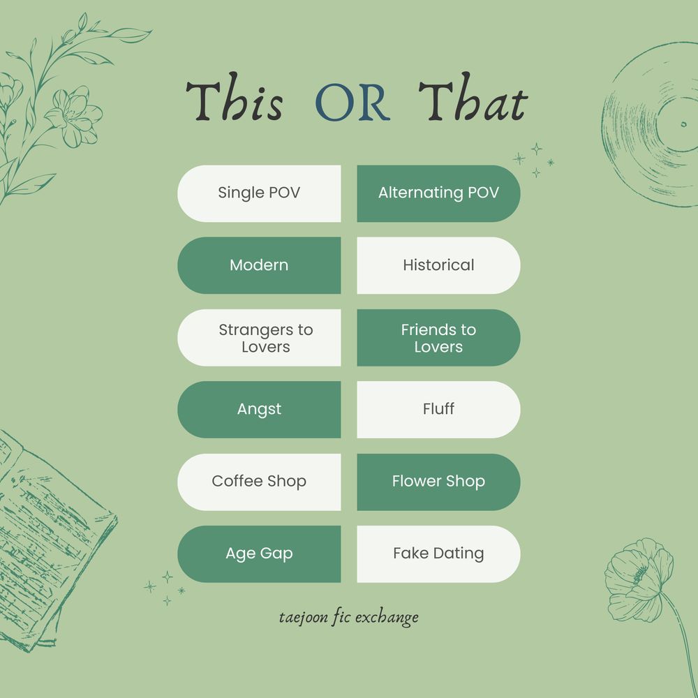 Pale green background. Title "This OR That" with two columns. Along the edges, there are sketched drawings of flowers, a record, an open notebook with music and a single flower.

The options are:
Single POV OR Alternating POV
Modern OR Historical
Strangers to Lovers OR Friends to Lovers
Angst OR Fluff
Coffee Shop OR Flower Shop
Age Gap or Fake Dating