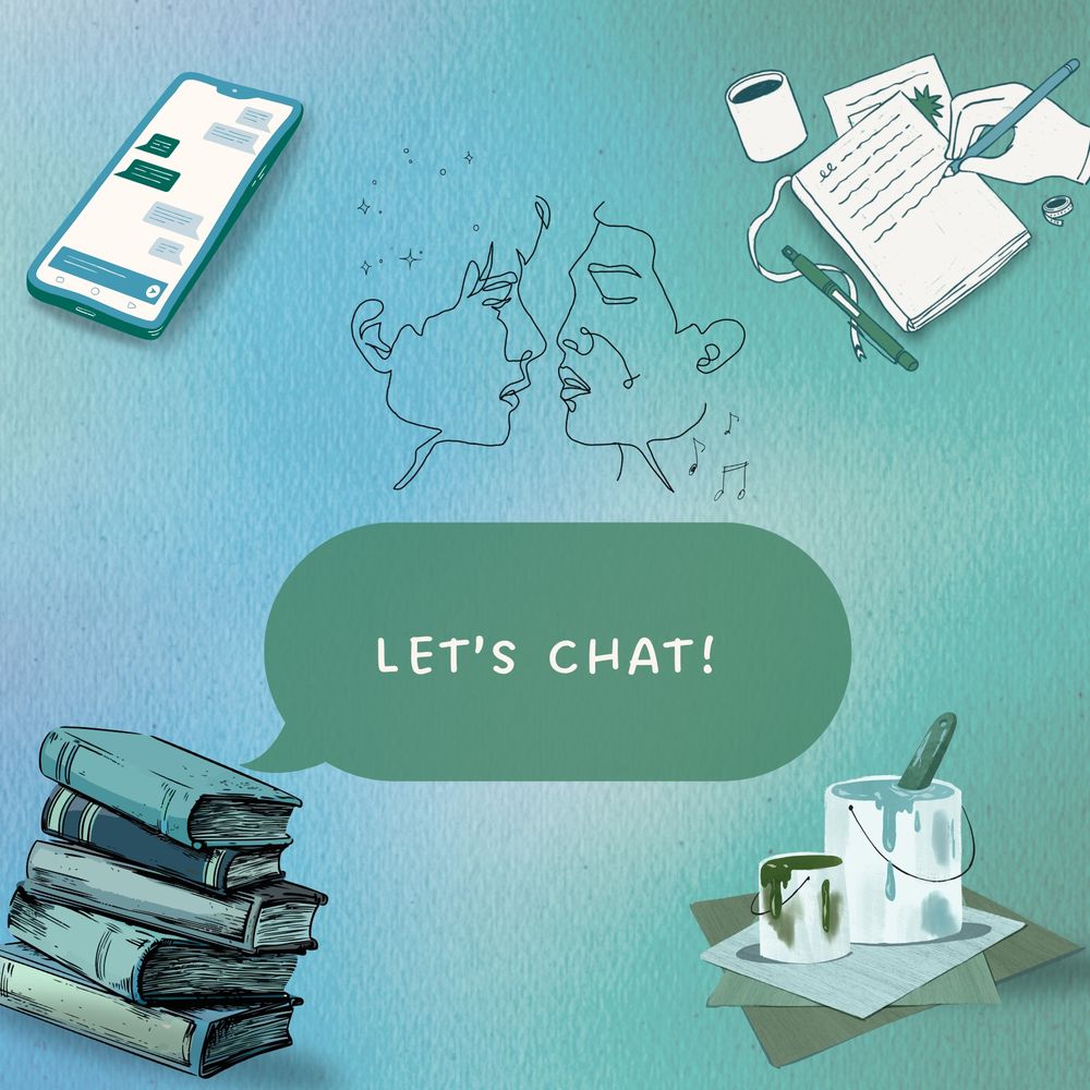 A blue-green background with an outline of taejoon's faces in the middle with a green chat bubble below it that says, Let's Chat!"

The top left has a graphic of a phone with an active chat. The top right has the graphic of a notebook, a cup of coffee, a pen on the side and a hand writing on the notebook with a pencil.

The bottom right has a graphic of two paint buckets, one blue and one green on top of some papers. The bottom left has the graphic of some old books stacked on top of each other.