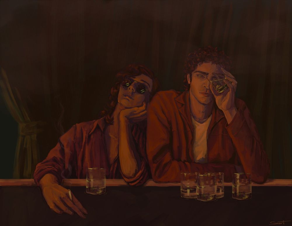 Painting of Daniel Malloy and Armand at a dark, hazy bar. Armand sits, leaning against Daniel's shoulder, his head in one hand, a cigarette in the other. Daniel ponders a whiskey glass as four more sit empty in front of him.