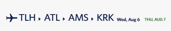Flight schedule for Tallahassee to Atlanta to Amsterdam to Krakow and to ??