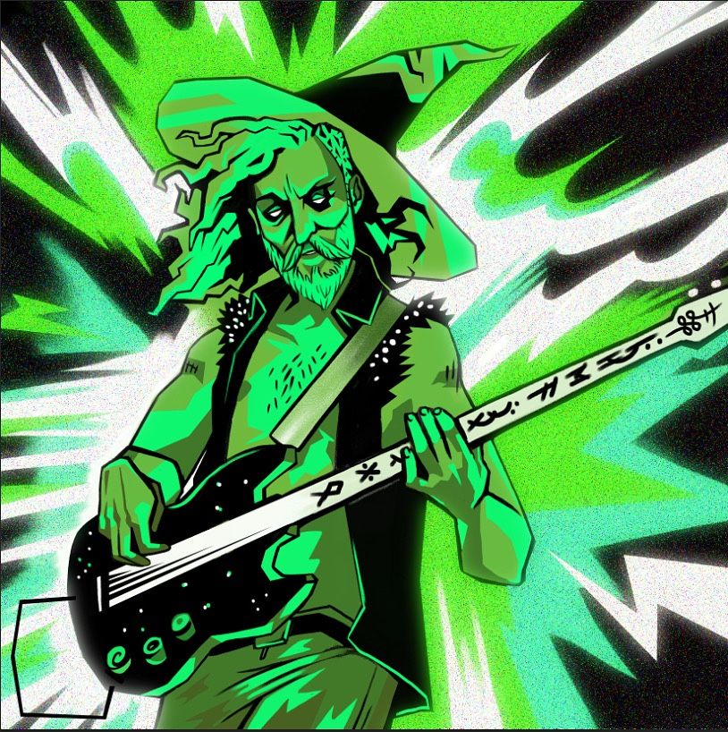 Green illustration of a wizard making magic with a bass