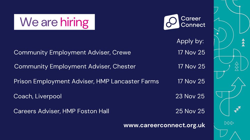 This image highlights the following job vacancies:

• Community Employment Advisers in Chester and Crewe (17 Nov)
• Prison Employment Adviser, HMP Lancaster Farms (17 Nov)
• Careers Coach, Liverpool (23 Nov)
• Careers Adviser, HMP Boston Hall (25 Nov)

The web address is www.careerconnect.org.uk