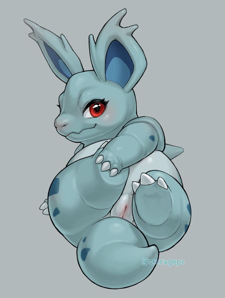 A Nidorina lies on her back with rear towards the viewer