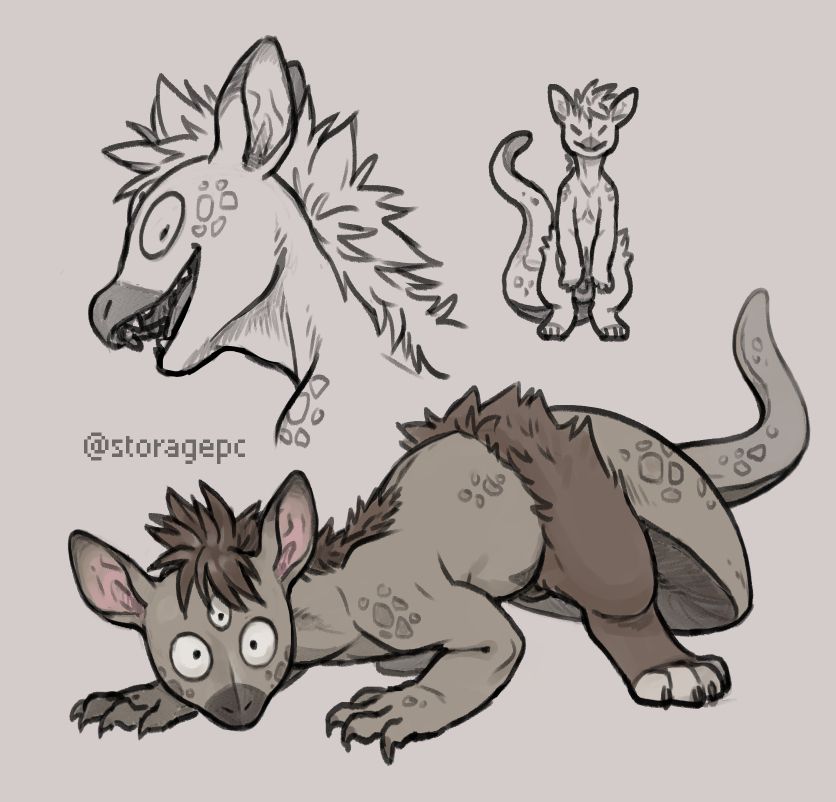 a grey-brown chimera of sorts- with scaley skin, feline legs, three eyes,  a mohawk-like mane, and a long serpentine tail