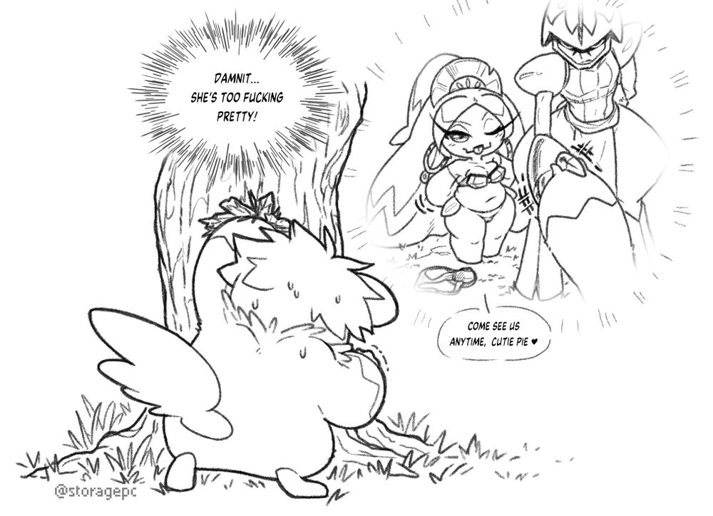 Monty, alone, punches a hole in a tree. He is filled with complex emotions. "Damnit... she's too fucking pretty!" He thinks. We see a first-person memory of Trinket and Rook bidding Monty farewell. "Come see us anytime, cutie pie" says Trinket while she is still bottomless, tying up her bikini armor top. Rook gives a firm and polite handshake.