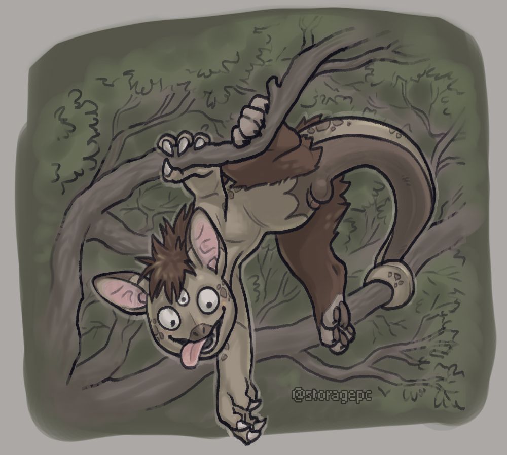 A creature hangs from a tree branch by two of it's legs and it's large, prehensile tail. It has scales, a hairy mane, furry cat-like legs, and three large round eyes.