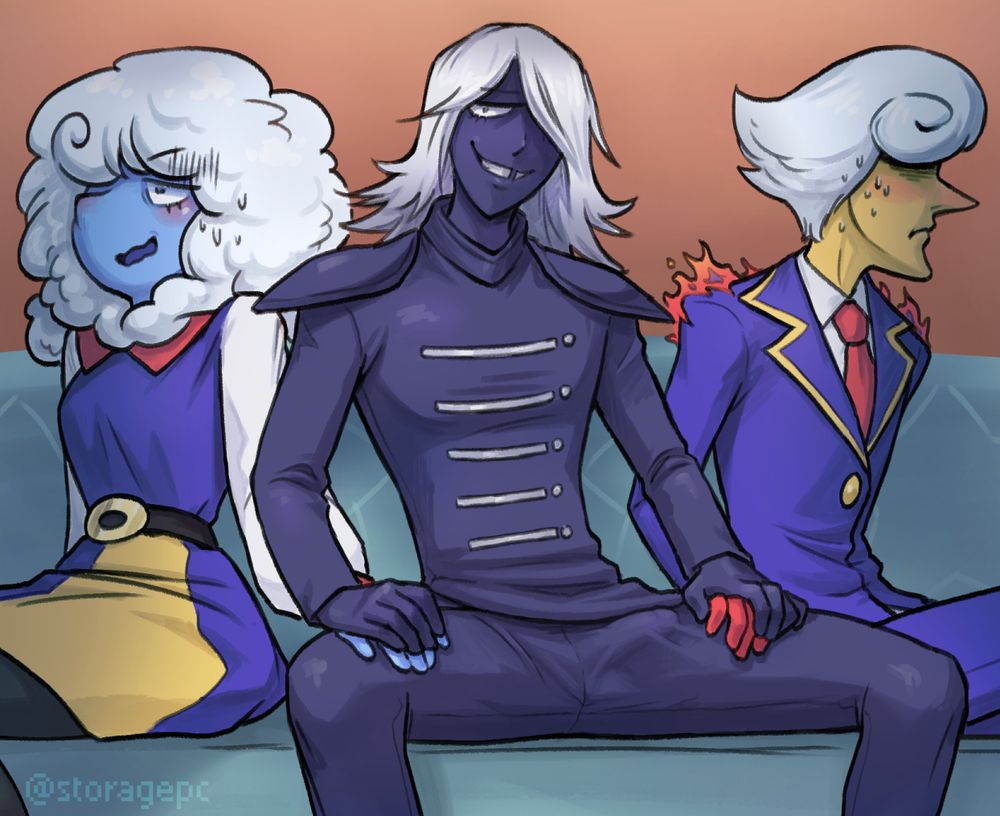 Rouxls Kaard manspreads smiling on a couch, with Lanino and Elnina on either side of him. They are facing away from him and looking confused and uncomfortable. They each have a hand on his thighs, and his hands are over theirs. Lanino looks extra uncomfortable because his hand is closest to Rouxl's clear erection under his pants.