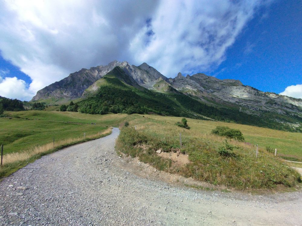 Route de la Soif (chemin carossable) au départ du col des Aravis. Vue sur les alpages et une partie de la chaine des Aravis : l'Etale, la Blonnière, Merdassier.