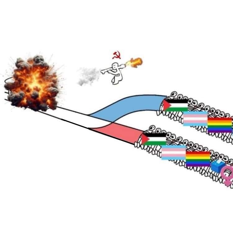 Drawing of the trolley problem featuring:

The track splits into two as expected, but each diverging track is filled in with solid blue and red.

People are laying on the tracks, tied up. Each track has little the flag of Palestine, the trans flag, and the rainbow pride flag. There is also a blue box thing the alt text-adding person doesn't recognize, and a pink woman symbol (the circle with a crossed line going downward).

More excitingly, an outlined stick person with a red hammer and sickle above them in the top of the drawing has fired a rocket at the trolley, which has a fiery explosion pasted over it. There is also a smaller explosion coming from the back of the rocket launcher.