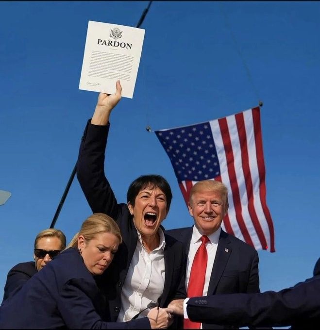 ghislaine maxwell being held up by trump and others, proudly waving a piece of paper that says "pardon"