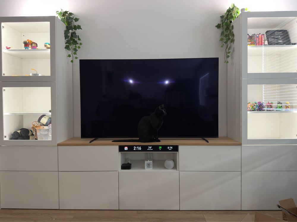 A black cat sitting in front of a powered-off TV.