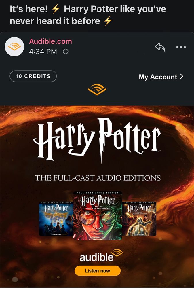 An email from Audible announcing a full cast recording of the first Harry Potter book. The subject of the email says, "It's here! Harry Potter like you've never heard it before."