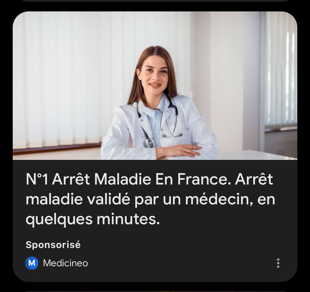 Publicité N°1 Arrêt Maladie En France. Arrêt maladie validé par un médecin, en quelques minutes.
