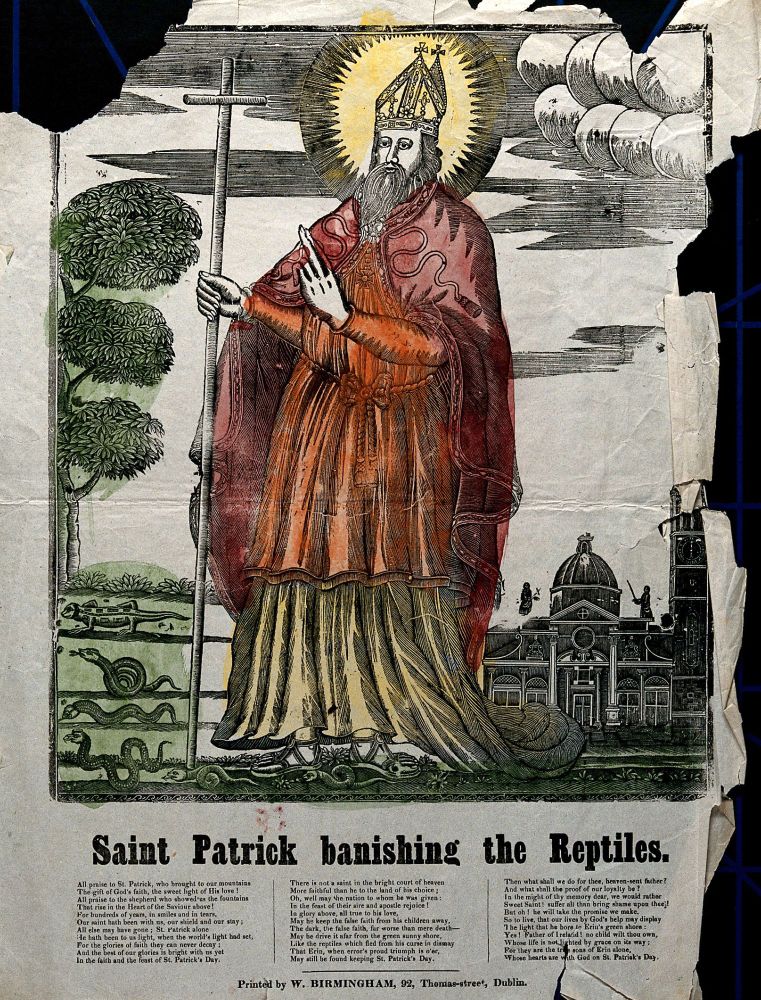 Scan of a page with torn edges, featuring a print of a man in red, yellow and orange robes and a glowing halo, with multiple snakes at his feet. Text reads 'Saint Patrick banishing the Reptiles'