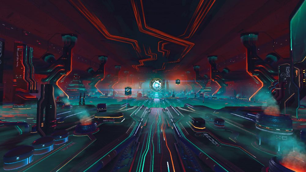 The inside of the Space Anomaly from No Man's Sky using an ultra-wide angle shot.  In the middle of the picture is the gate out of the Anomaly.  Every surface uses red and light green lines to look like electronic components.  There are a couple of glowing ports that are giving off steam or smoke.