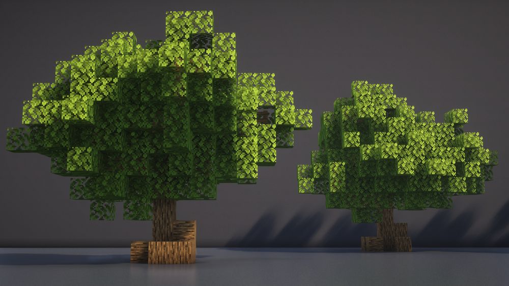 A Minecraft screenshot.  It is two trees against a gray background.  They are meant to be oak trees, custom made to be larger and less square shaped than vanilla ones.