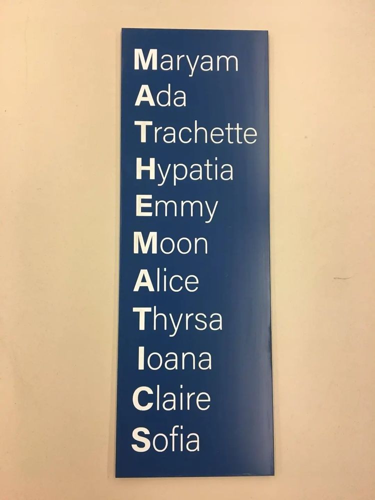 Mathematician first names in white text on blue material; first letter of each name spells MATHEMATICS. The names are:

Maryam
Ada
Trachette
Hypatia
Emmy
Moon
Alice
Thyrsa
Ioana
Claire
Sofia
