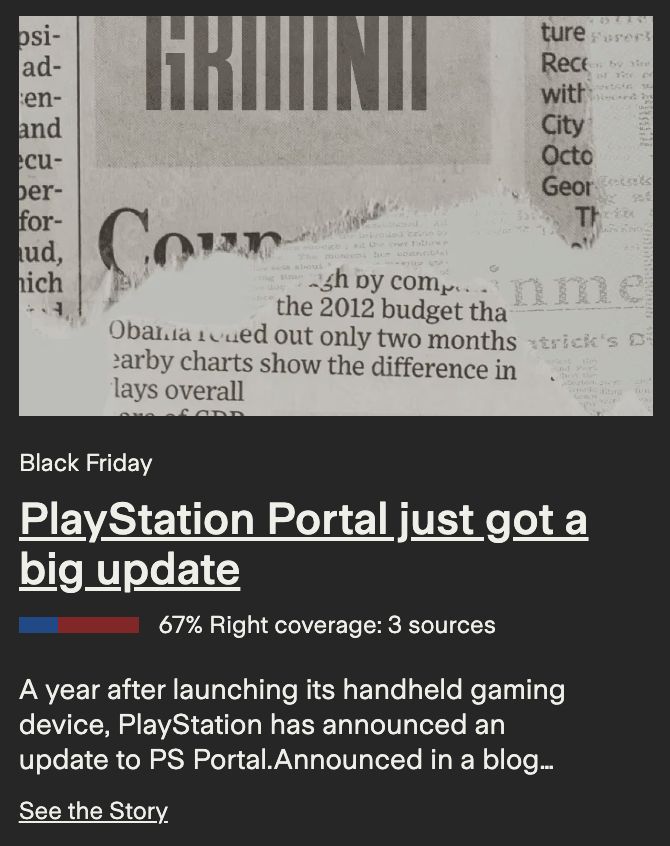 Screenshot of an article from Ground News. It shows the coverage of articles based on the leaning of the sources.