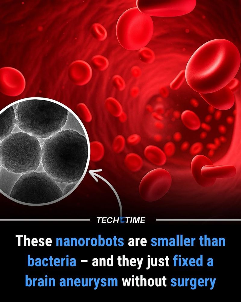 Alt text: Graphic showing red blood cells inside a blood vessel with an inset of nanorobots under a microscope. Caption reads: “These nanorobots are smaller than bacteria – and they just fixed a brain aneurysm without surgery.” The source is labeled “Tech Time.”