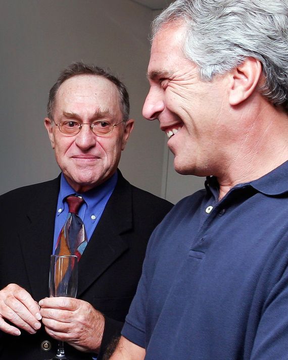 Alan Dershowitz and Jeffrey Epstein together and smiling. Possibly discussing their predictions for young girls