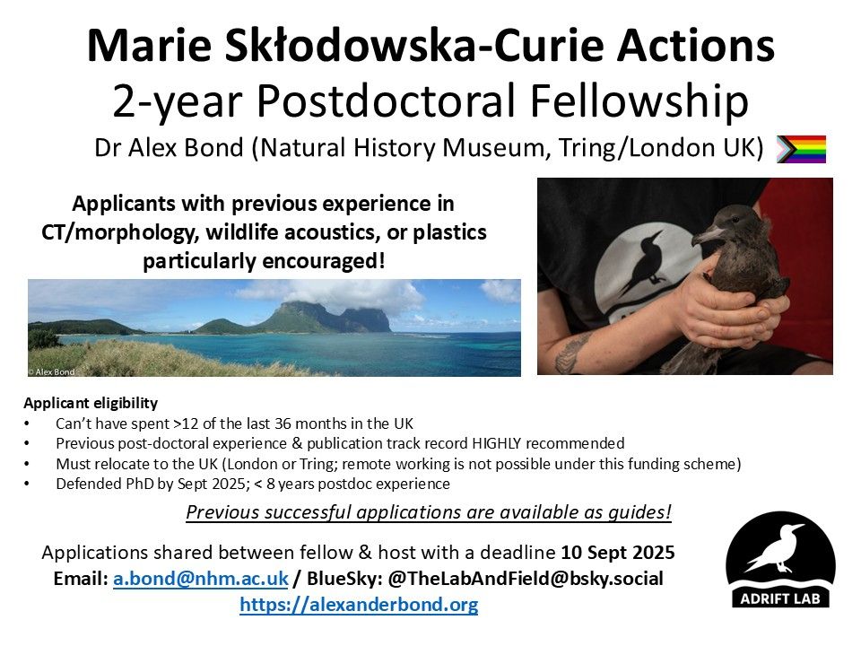 Marie Skłodowska-Curie Actions2-year Postdoctoral Fellowship
Dr Alex Bond (Natural History Museum, Tring/London UK) [progress pride flag]
Applicants with previous experience in CT/morphology, wildlife acoustics, or plastics particularly encouraged!
Applicant eligibility
Can’t have spent >12 of the last 36 months in the UK
Previous post-doctoral experience & publication track record HIGHLY recommended
Must relocate to the UK (London or Tring; remote working is not possible under this funding scheme)
Defended PhD by Sept 2025; < 8 years postdoc experience
Previous successful applications are available as guides!
Applications shared between fellow & host with a deadline 10 Sept 2025
Email: a.bond@nhm.ac.uk / BlueSky: @TheLabAndField@bsky.social
https://alexanderbond.org 

