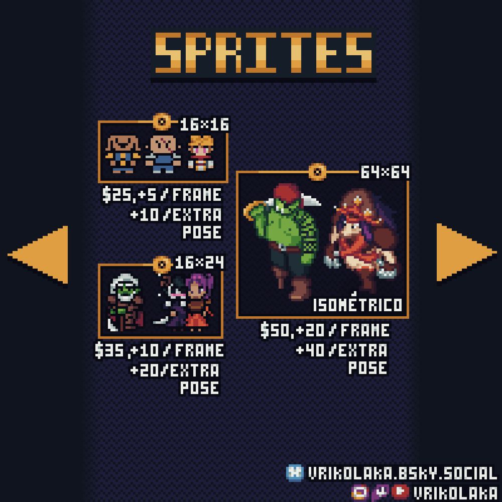 Tabela de Sprites: 
Sprite de 16x16, 8-16 cores
↳ R$ 25,00
    ↳ + R$5,00 por frame de animação.
    ↳ +R$ 10,00 por personagem extra ou pose extra do mesmo personagem.

Sprite de 16x24, estilo Final Fantasy 6.
↳ R$ 35,00
    ↳ +R$ 10,00 por frame de animação
    ↳ +R$ 20,00 por personagem extra ou pose extra.

Personagem Isométrico (NOVO!), 64x64.
↳ R$ 50,00
    ↳ +R$ 20,00 por frame de animação.
    ↳ +R$ 40,00 por personagem extra ou pose extra.