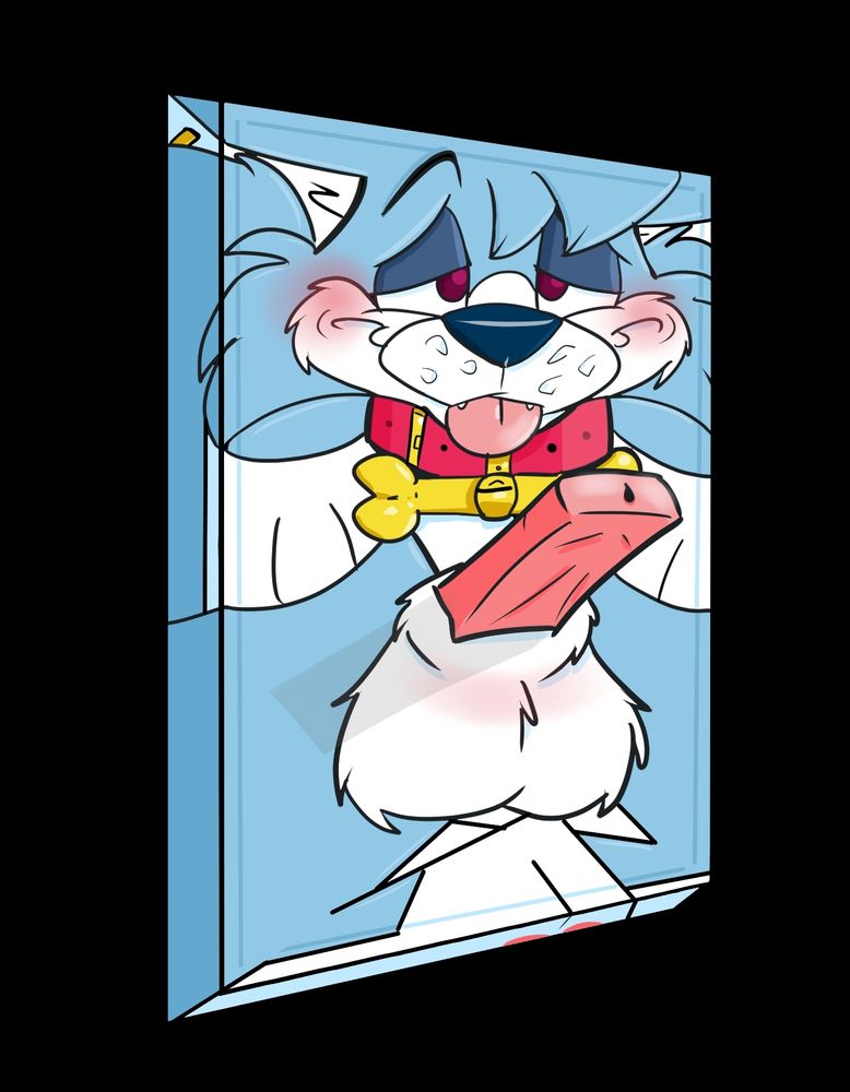 Powder blue and white cartoon wolf flattened into a shape resembling a light switch plate; erect penis flipped up.