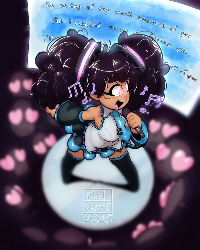 Cajeta cosplaying Hatsune Miku abs singing karaoke. Those watching might catch a nice view.