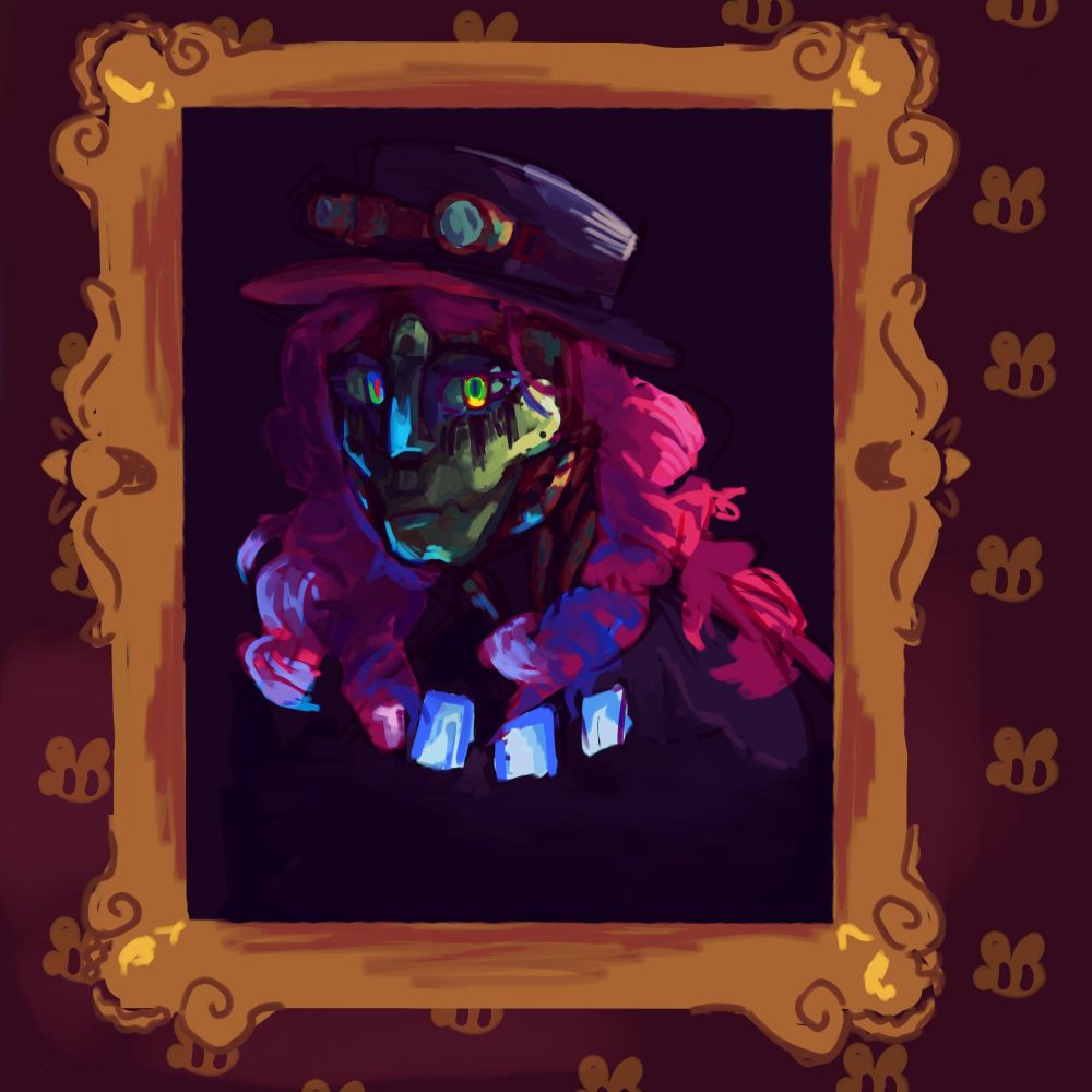 the same image as the first, however her face is not melting, showing her right eye and the copper of her original frame showing underneath her impossium faceplate.