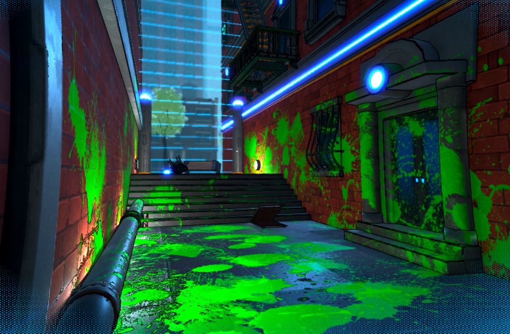 Screenshot of a game prototype. The image shows a dark alleyway covered in bright green goop decals on the surfaces of the walls and floor