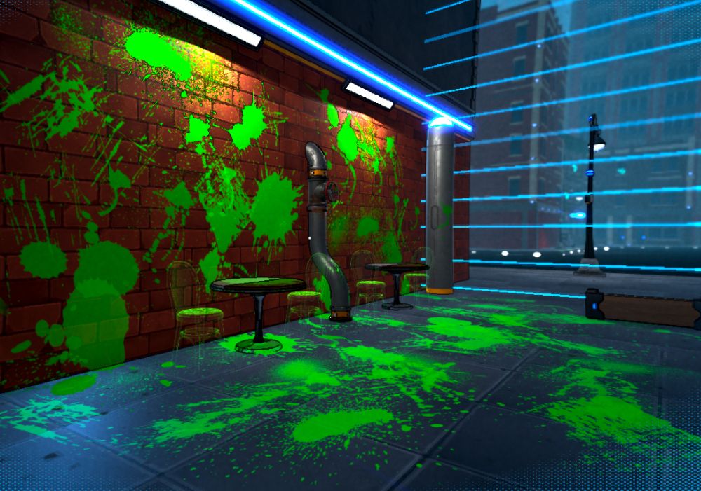 Screenshot of a game prototype. The image shows a dark alleyway covered in bright green goop decals on the surfaces of the walls and floor