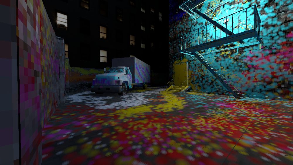 A screenshot of a dark alleyway, with all the walls and a truck in the centre painted in a pixel style.