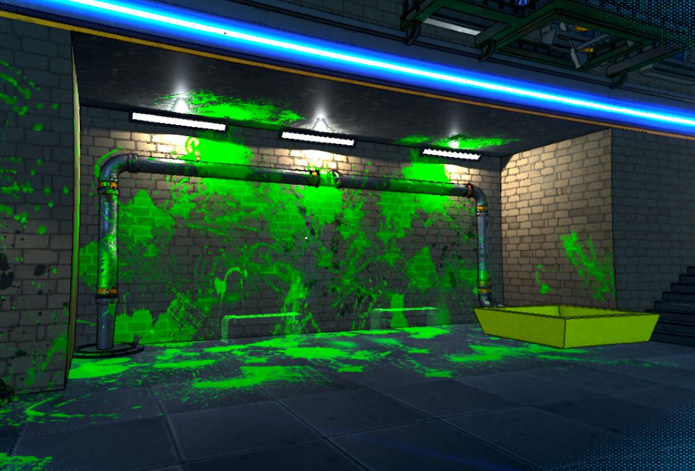 Screenshot of a game prototype. The image shows a dark alleyway covered in bright green goop decals on the surfaces of the walls and floor