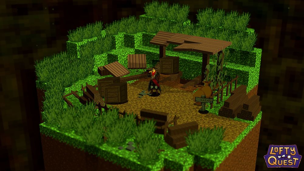 A screenshot labelled 'lofty quest', featuring a hunter man standing in a destroyed building surrounded by grass.