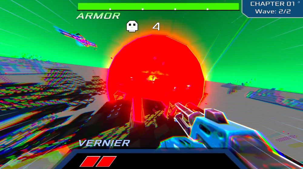 A screenshot of an action FPS game with a large red explosion in the centre and a character holding a gun in first person view
