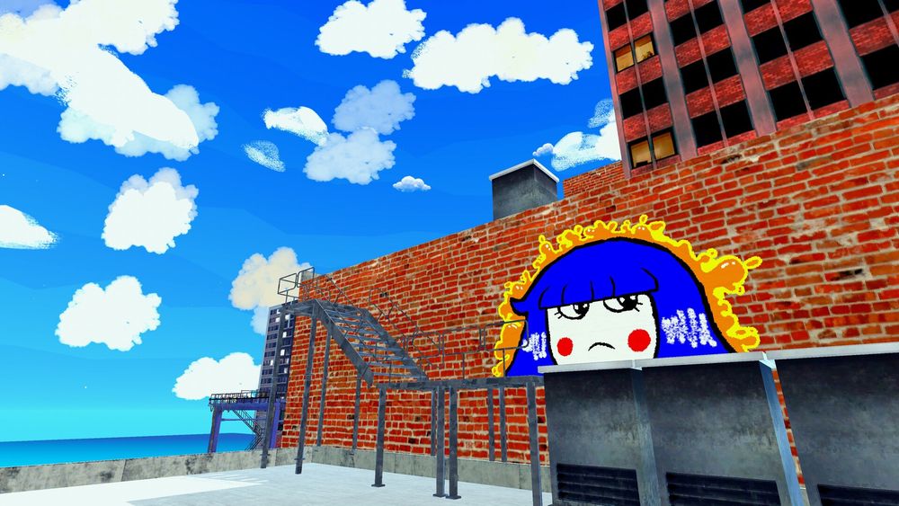 A screenshot of a game depicting a bright city rooftop with a graffiti painting of a girl's head on a wall.