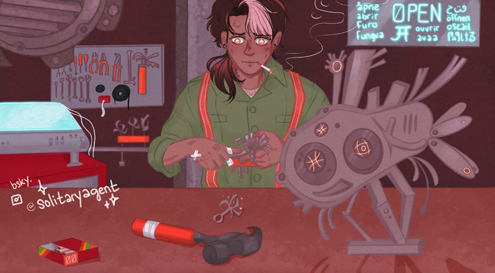 Digital art - a young man with medium brown skin works on oddly shaped machines at a workbench. 
