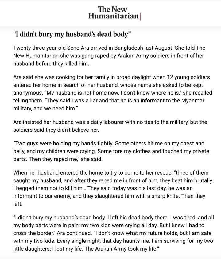 Two guys were holding my hands tightly. Some others hit me on my chest and belly, and my children were crying. Some tore my clothes and touched my private parts. Then they raped me,”