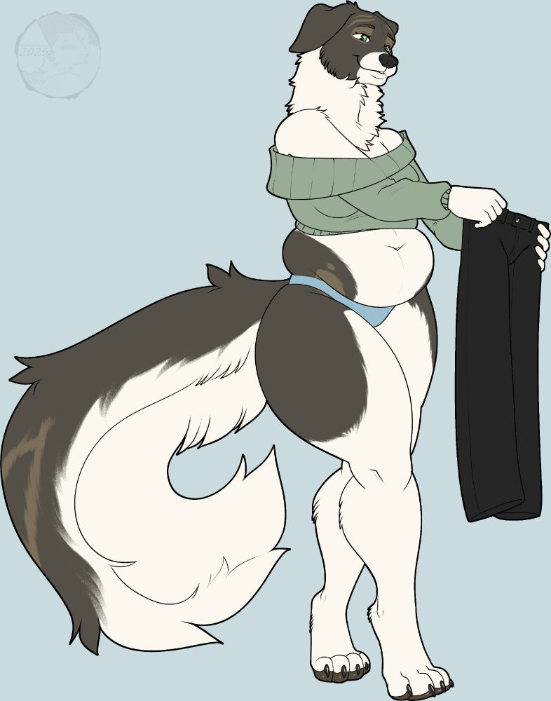 Paisley, a female Borzoi holds a tiny pair of jeans in front of her. She's wearing a pair of blue panties and a green shoulder sweater that's riding up, showing off her fat belly. There is absolutely no way those jeans are gonna fit over her thick hips and thighs 