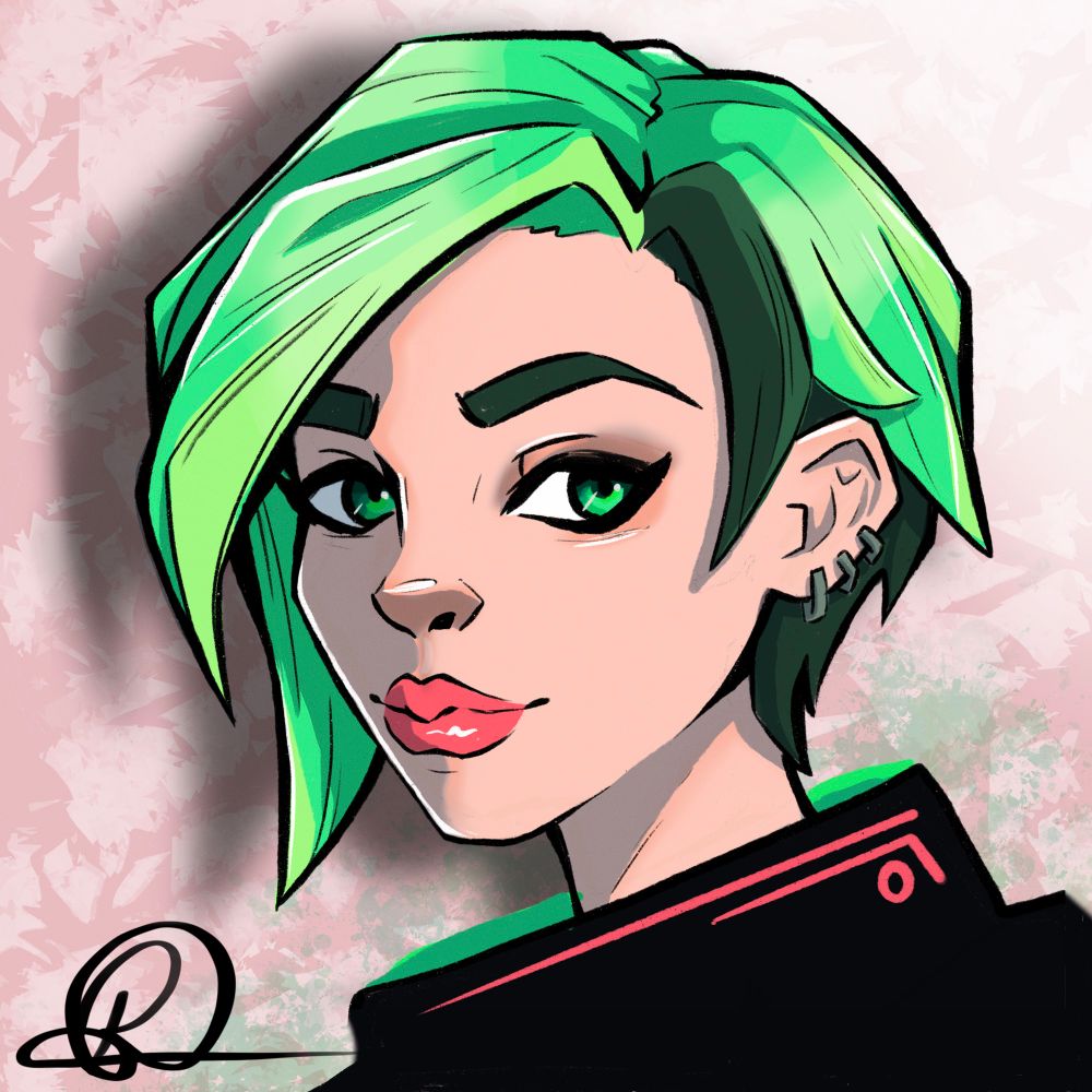 Digital portrait of a woman with green short hair and green eyes.